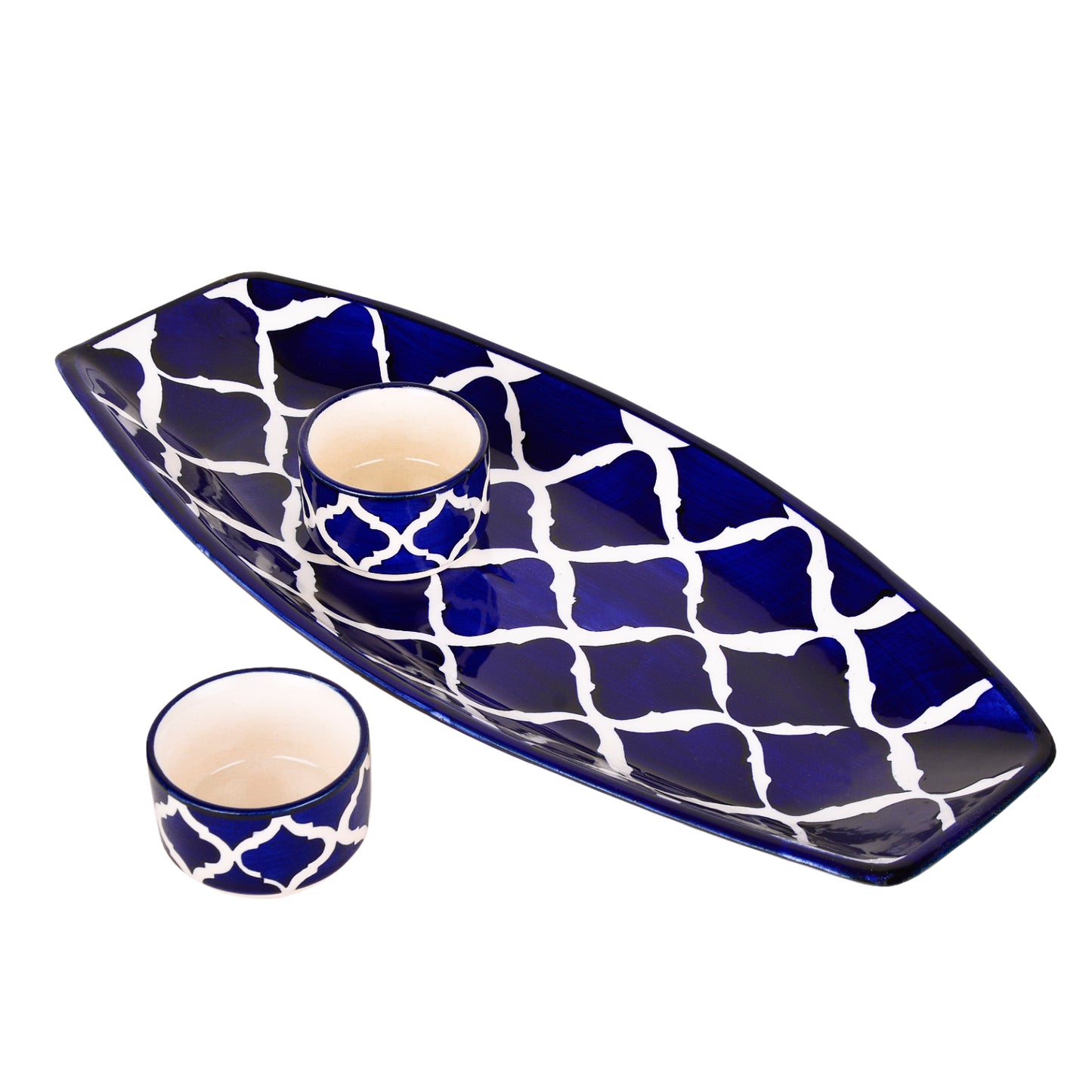 Handpainted Ceramic Serving Platter With Two Dip Bowls (Blue, L x B – 38 cm x 16 cm)