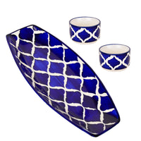 Handpainted Ceramic Serving Platter With Two Dip Bowls (Blue, L x B – 38 cm x 16 cm)