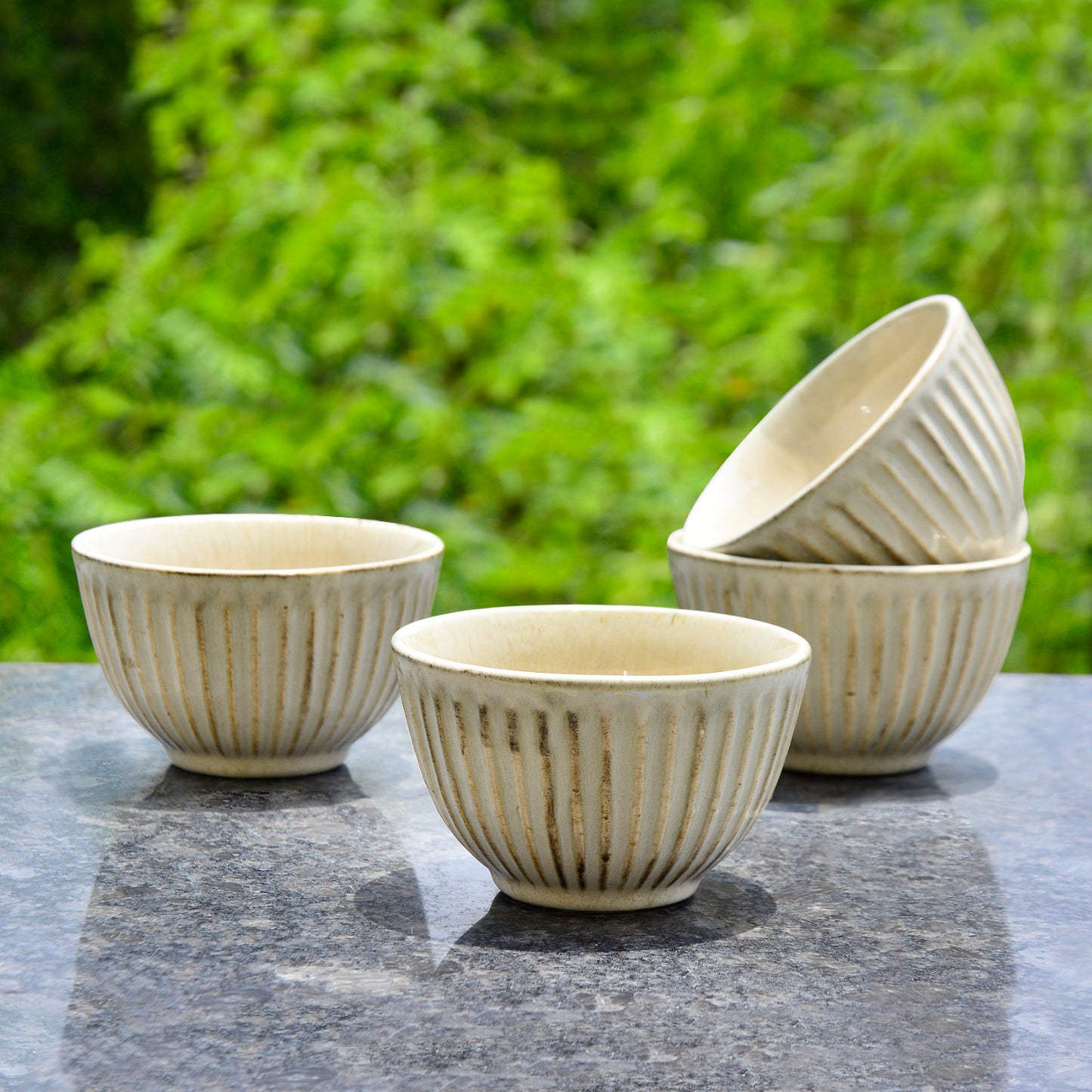 “Dazzling Riviera” Ribbed Ceramic Dinner Serving Bowls (Set of 4 , Ivory , 150 ml)