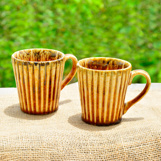 Ceramic Ribbed Coffee Mugs (300 ml each, Set of 2, Brown)