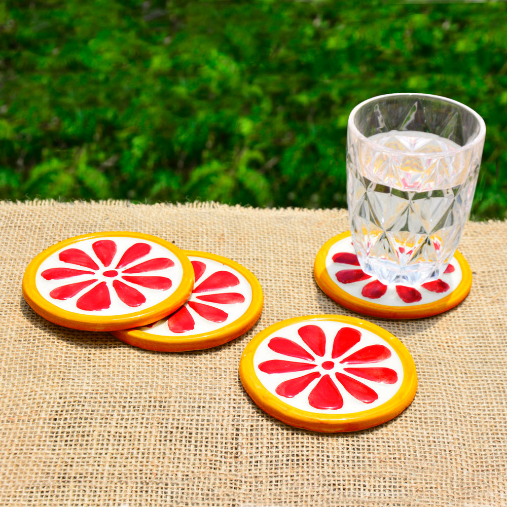 Studio Pottery Dining Table Ceramic Coasters (Set of 4, Red and Yellow)