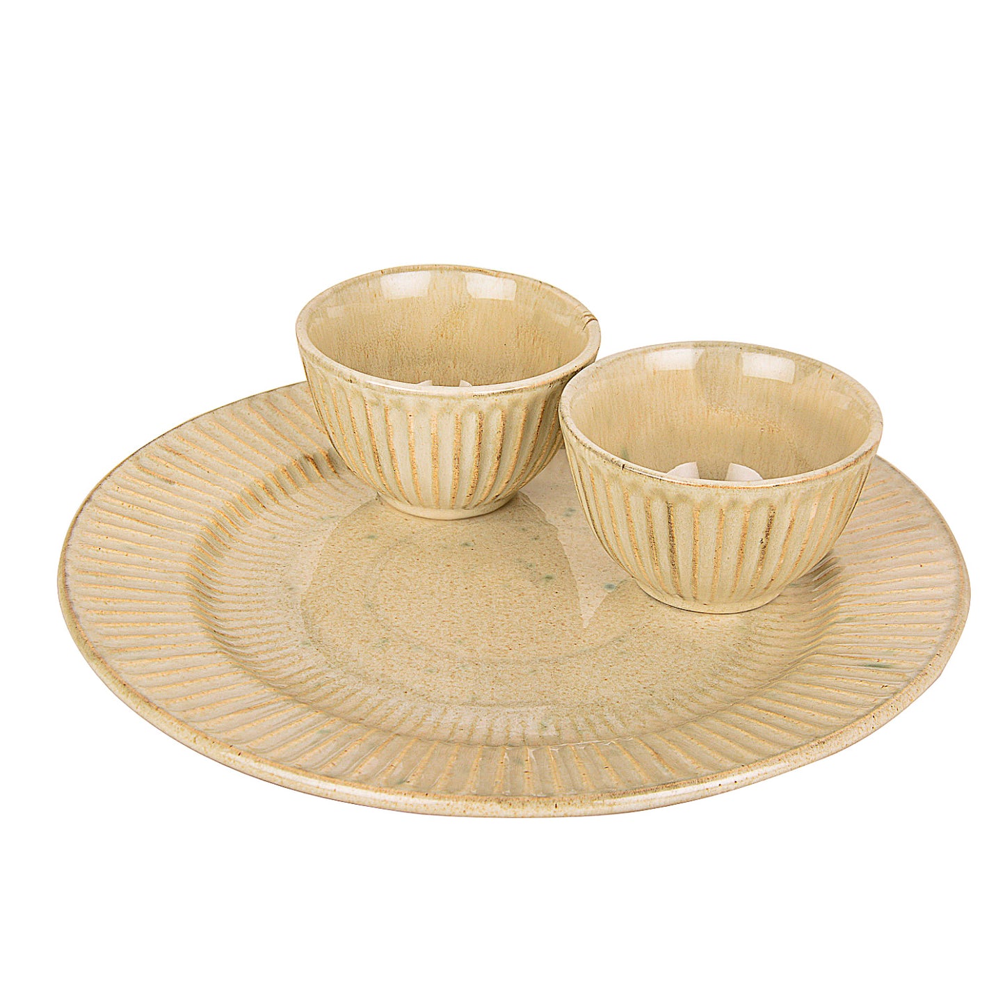 “Dazzling Riviera” Ribbed Ceramic Dinner Serving Plate with 2 Dinner Bowls (Set of 3, Ivory, Plate Diameter – 10 inches)