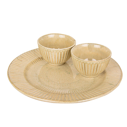 “Dazzling Riviera” Ribbed Ceramic Dinner Serving Plate with 2 Dinner Bowls (Set of 3, Ivory, Plate Diameter – 10 inches)