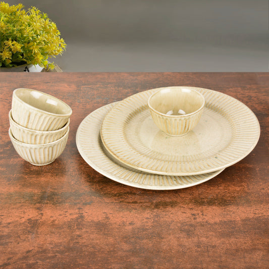 “Dazzling Riviera” Ribbed Ceramic Dinner Serving Plates with 4 Dinner Bowls (Set of 6, Ivory)