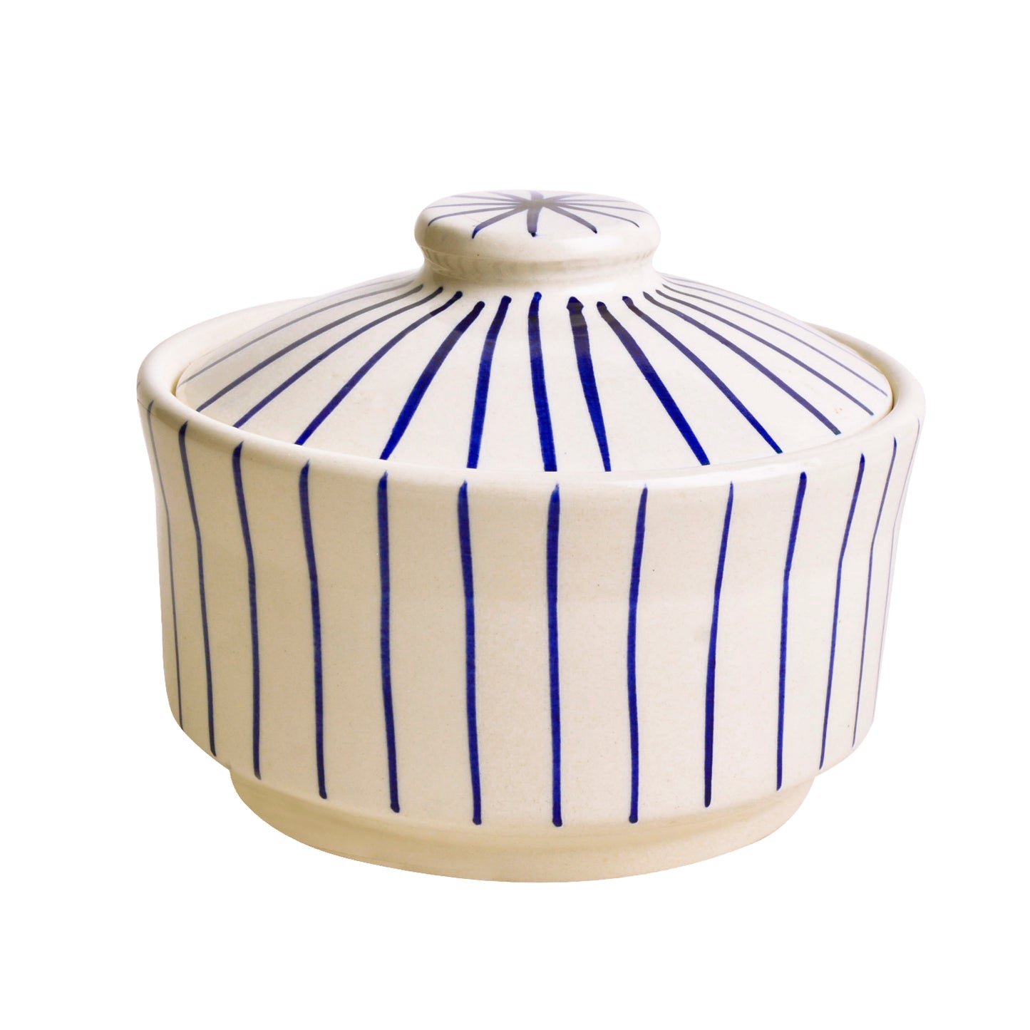 “Blue Kasa Line” Ceramic Striped Serving Donga with Lid (1000 ml, White and Blue )