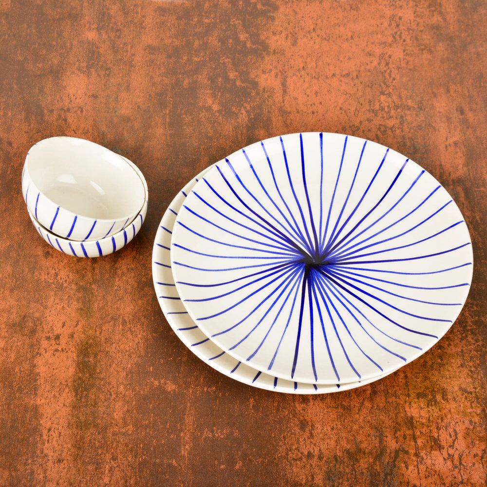 “Blue Kasa Line” Ceramic Striped Dinner Serving 2 Plates with 2 Dinner Bowls (Set of 4, White and Blue)