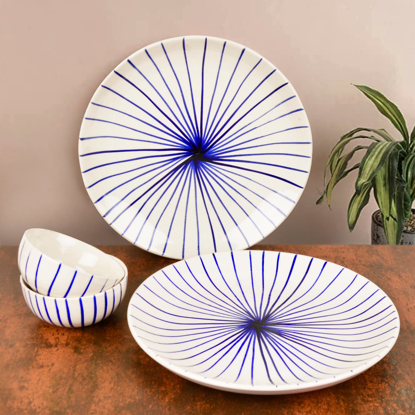 “Blue Kasa Line” Ceramic Striped Dinner Serving 2 Plates with 2 Dinner Bowls (Set of 4, White and Blue)