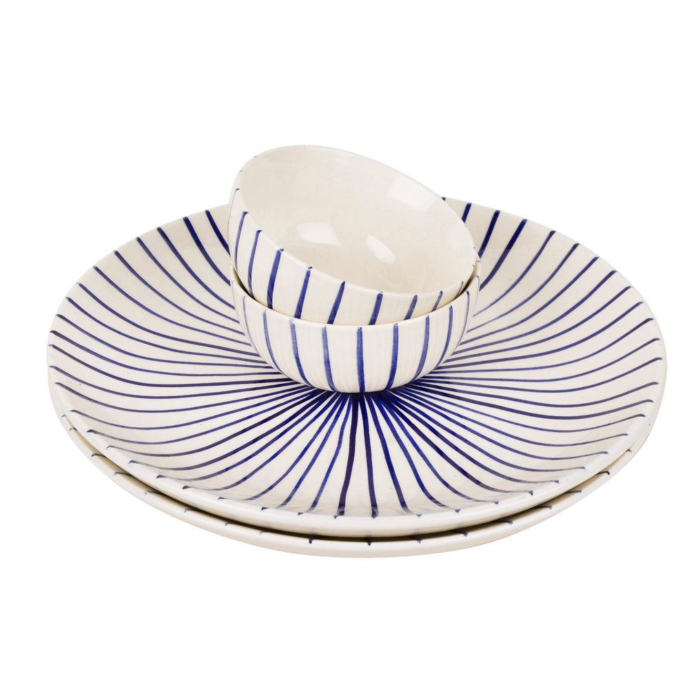 “Blue Kasa Line” Ceramic Striped Dinner Serving 2 Plates with 2 Dinner Bowls (Set of 4, White and Blue)