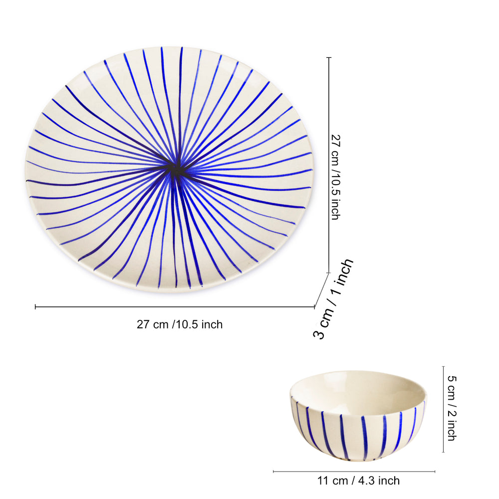 “Blue Kasa Line” Ceramic Striped Dinner Serving 2 Plates with 2 Dinner Bowls (Set of 4, White and Blue)