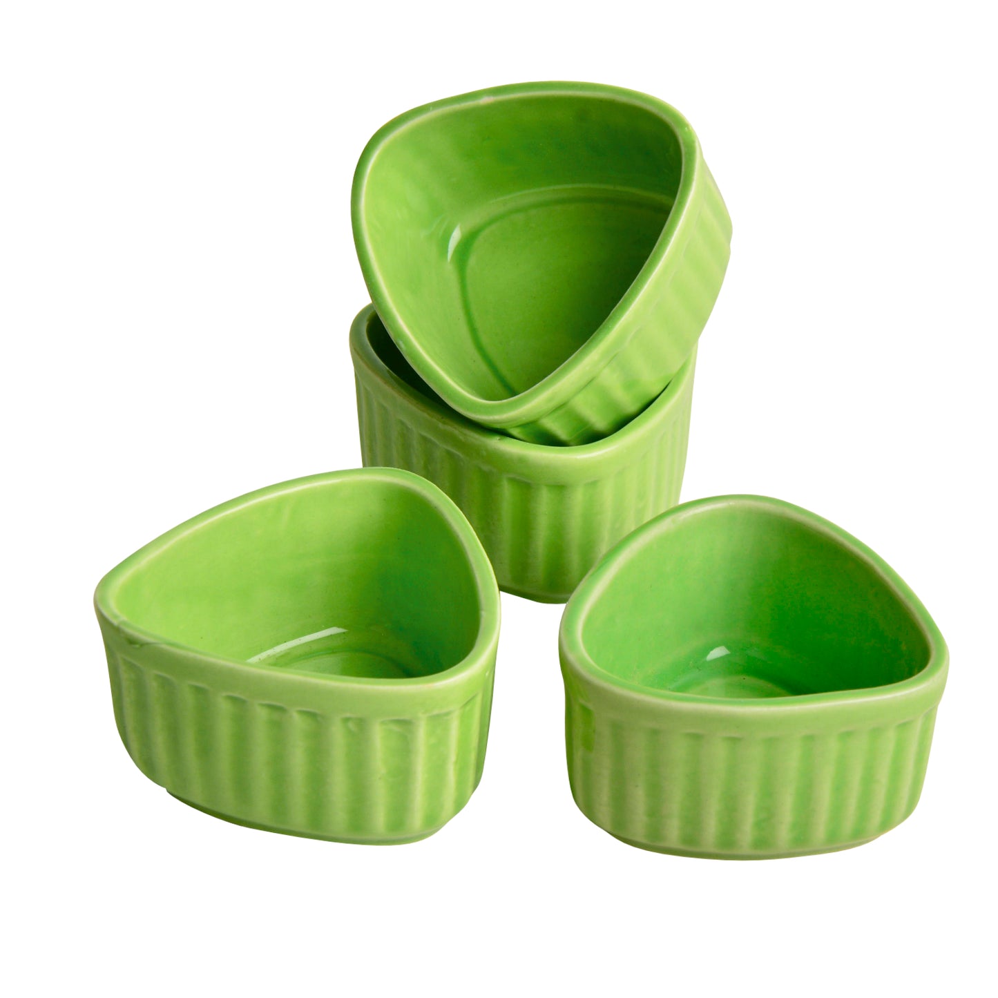 Handcrafted Ceramic Triangular Ribbed Dip Bowls (Set of 4, Green, 50 ml each)