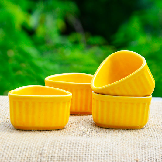 Handcrafted Ceramic Triangular Ribbed Dip Bowls (Set of 4, Yellow, 50 ml each)