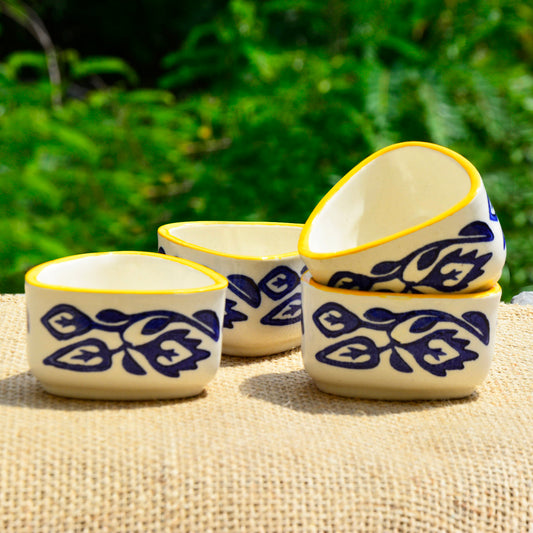 Handpainted Ceramic Triangular Floral Dip Bowls (Set of 4, Blue and Yellow, 50 ml each)
