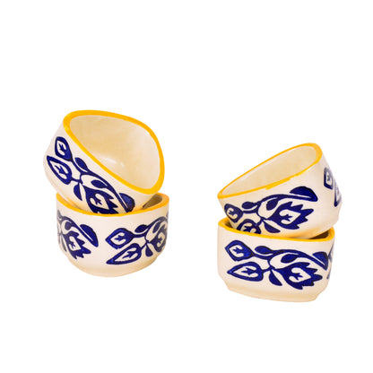 Handpainted Ceramic Triangular Floral Dip Bowls (Set of 4, Blue and Yellow, 50 ml each)