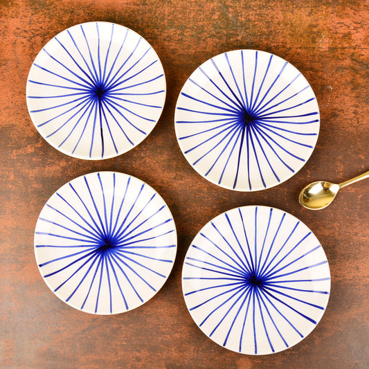 Ceramic “Blue Kasa Line” Striped Quarter Dinner Serving Plates (Set of 4, White and Blue)