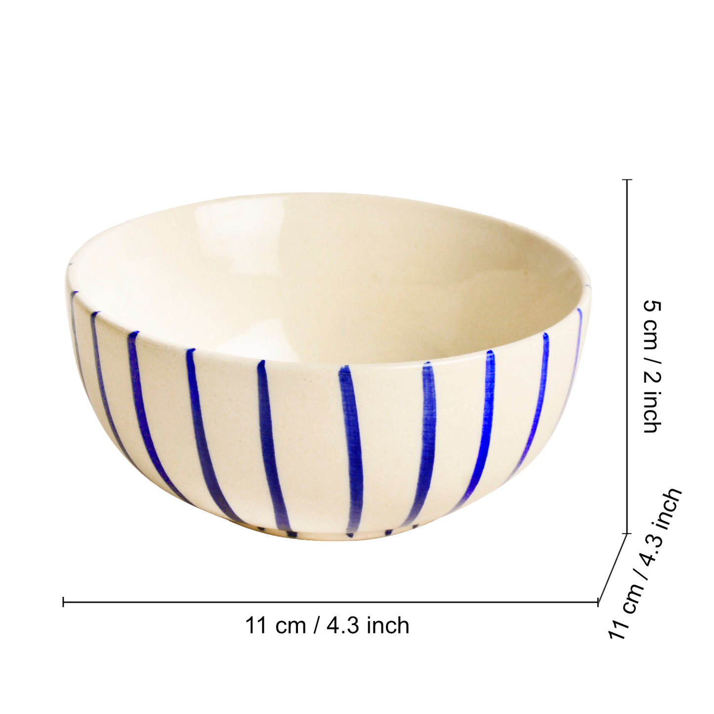 “Blue Kasa Line” Ceramic Striped Dinner Bowls (Set of 4, White and Blue, Diameter – 4 inches)
