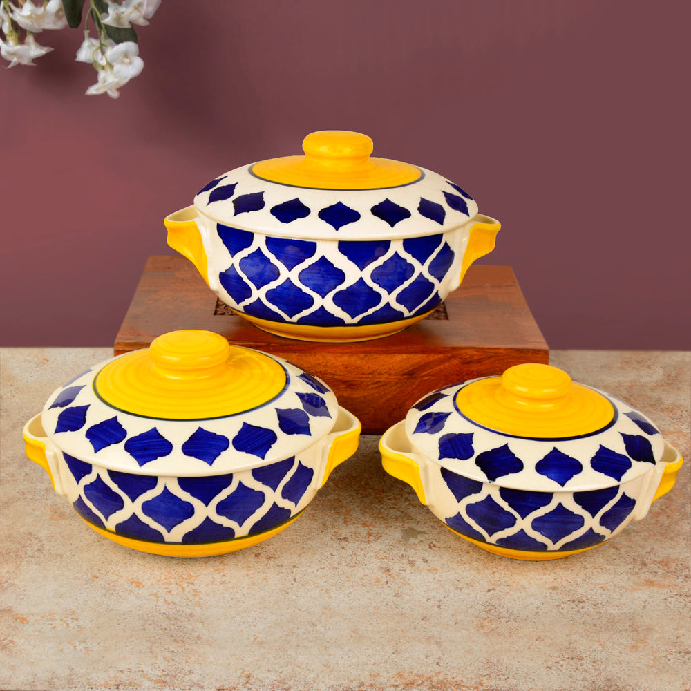 Hand Painted Large Ceramic Serving Donga Set with Lid and Handle