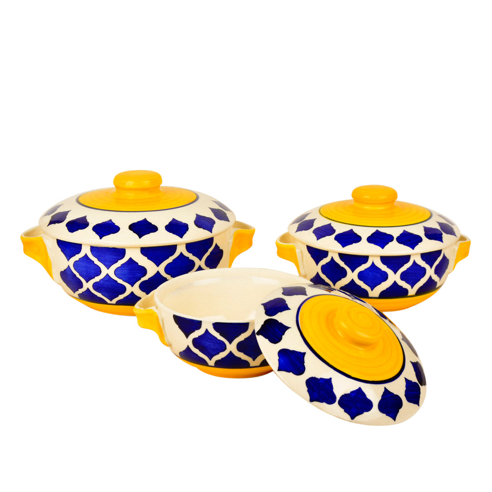 Hand Painted Large Ceramic Serving Donga Set with Lid and Handle