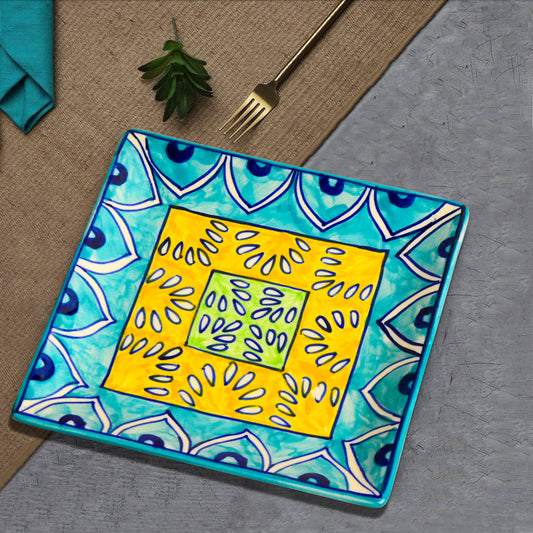 Premium Hand Painted in Traditional Design Ceramic Square Platter (Blue and Yellow, L x B – 18 cm x 18 cm)