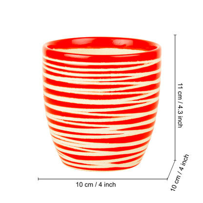 Handpainted Ceramic Striped Planter Pot (Red, Diameter – 10 cm, Height – 11 cm)