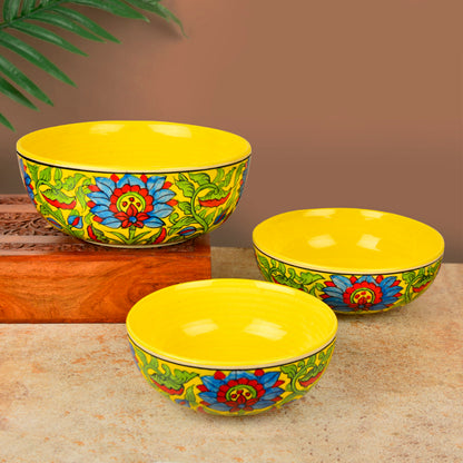Handpainted Ceramic Dinner Big Serving Bowls Set (Set of 3, Yellow and Multicolor, 1200 ml, 1000 ml, 800 ml)