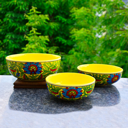 Handpainted Ceramic Dinner Big Serving Bowls Set (Set of 3, Yellow and Multicolor, 1200 ml, 1000 ml, 800 ml)