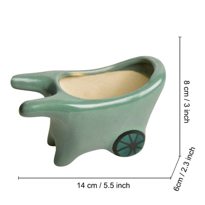 Handpainted Ceramic Pushing Cart Planter Pot (Green, L x B x H – 14 cm x 6 cm x 8 cm)