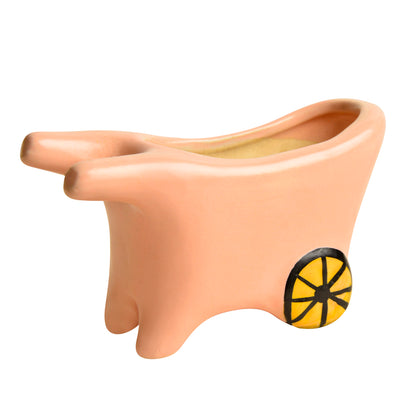 Handpainted Ceramic Pushing Cart Planter Pot (Light Pink, L x B x H – 14 cm x 6 cm x 8 cm)