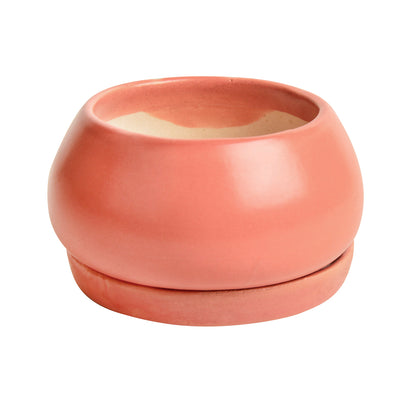 Ceramic Round Planter Pot with Tray (Pink, Diameter – 8 cm, Height – 6 cm)