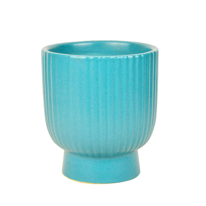 Ribbed Ceramic Planter Pot (Blue, Diameter – 11.5 cm, Height – 13.5 cm)
