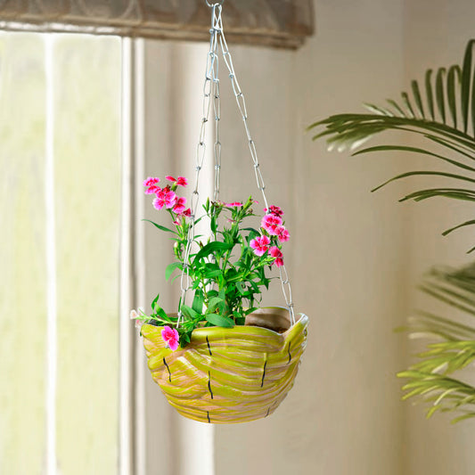 Handcrafted Ceramic Hanging Planter Pot with Chain (Green, Diameter – 19 cm, Height – 11 cm)