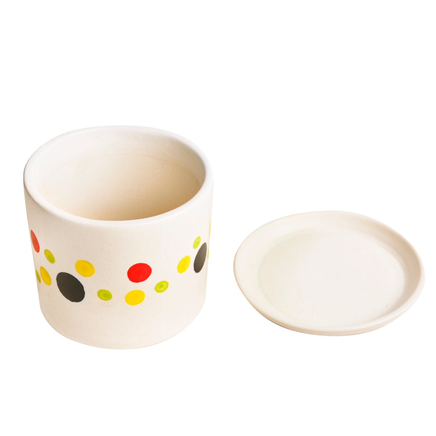 Hand Painted Ceramic Round Polka Dot Planter Pot with Tray (Multicolor and Off White, Diameter – 11.5 cm, Height – 10.5 cm)