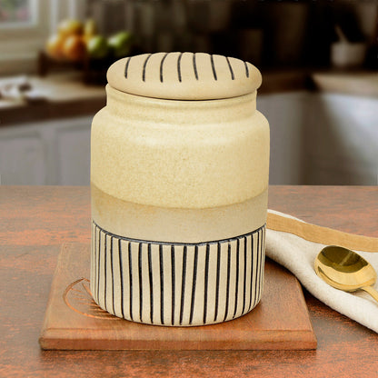 Handcrafted Ceramic Striped Jar with Rustic Look and Lid (700 ml, Off White and Blue)
