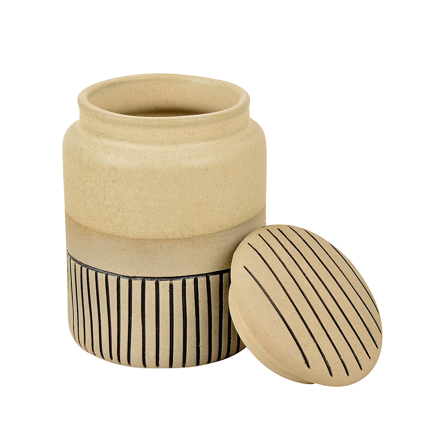 Handcrafted Ceramic Striped Jar with Rustic Look and Lid (700 ml, Off White and Blue)