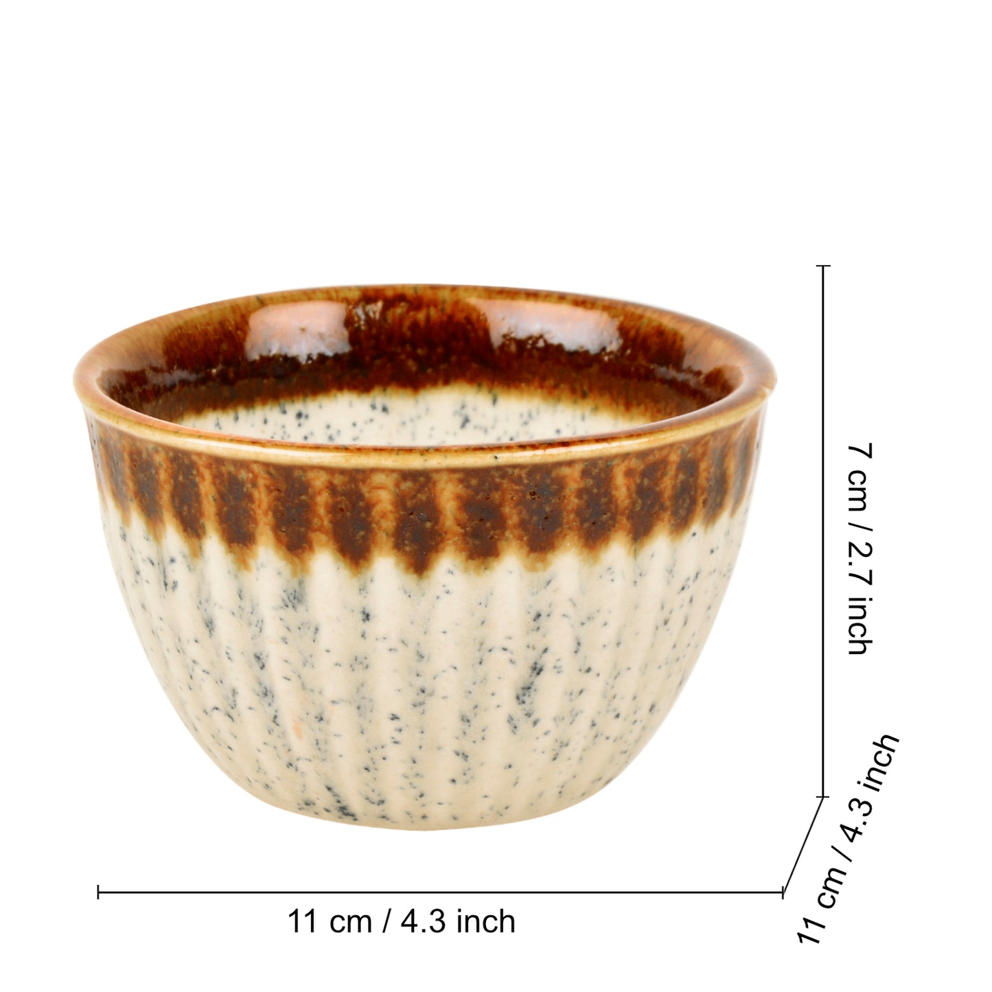 Studio Pottery Ribbed Ceramic Dining Bowls (Set of 4, 350 ml each, Off White & Brown)