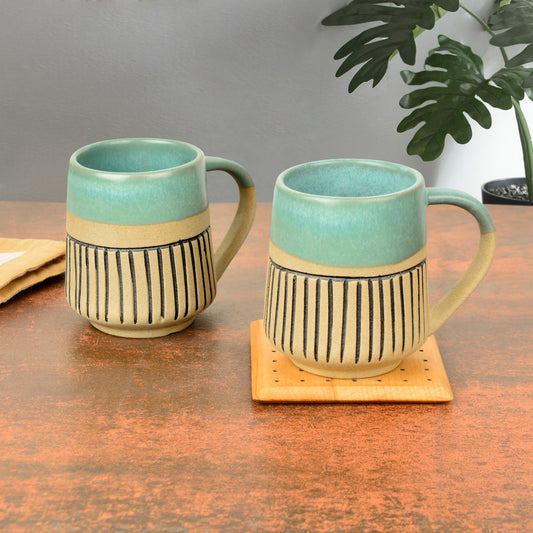 Handcrafted Dual Finish Ceramic Striped Coffee Mugs (325 ml each, Set of 2, Turquoise)