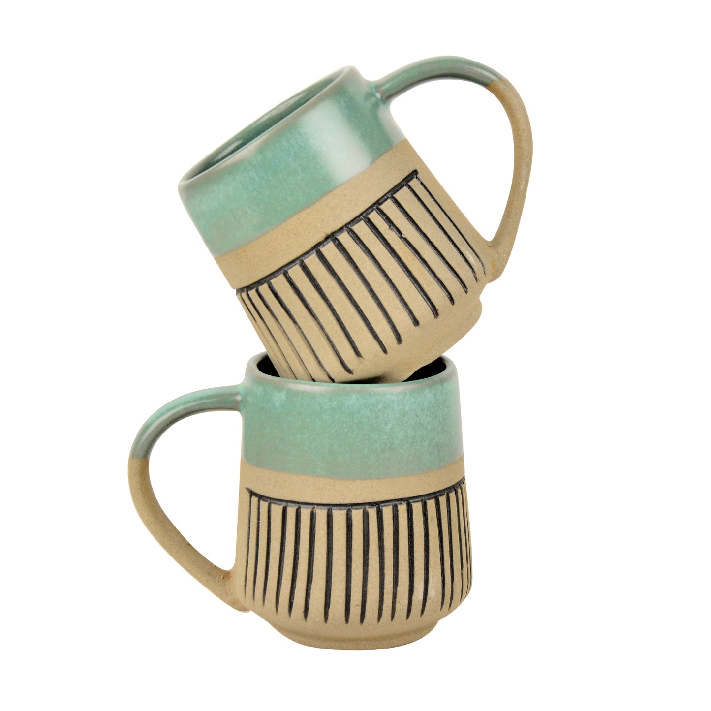 Handcrafted Dual Finish Ceramic Striped Coffee Mugs (325 ml each, Set of 2, Turquoise)