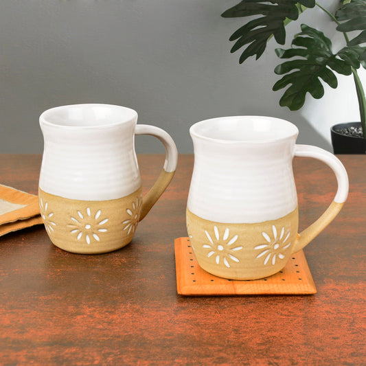 Dual Tone Studio Pottery Ceramic Coffee Mugs (350 ml each, Set of 2, Off White & Light Brown)