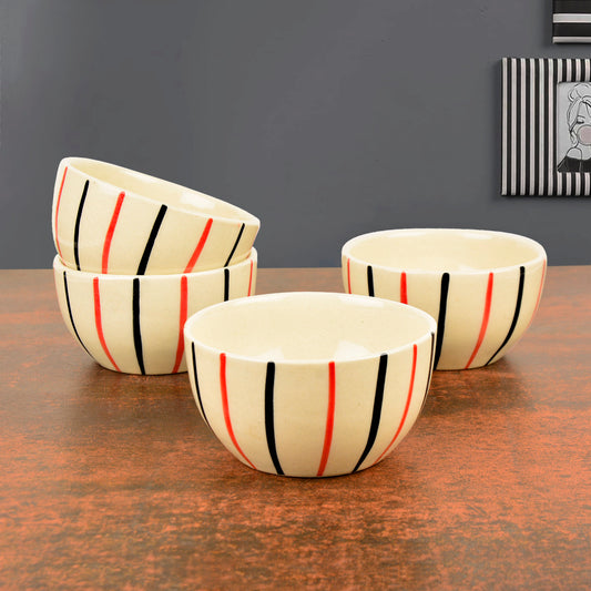 Studio Pottery Ceramic Striped Dinner Bowls (Set of 4, 350 ml each, Off White & Multicolor)