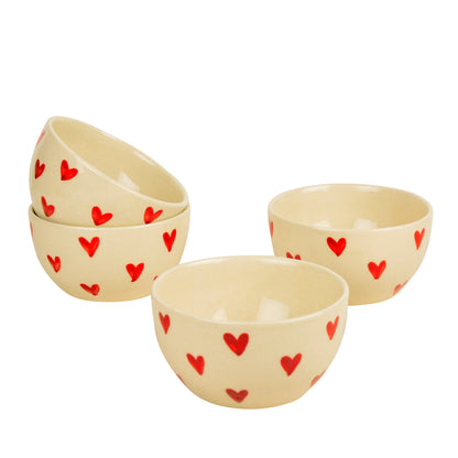 Hand painted Ceramic Dining Bowls (Set of 4, 350 ml each, Off White & Red)