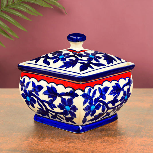 Hand Painted Ceramic Serving Donga with Lid (1200 ml, Blue Mughal Painting)