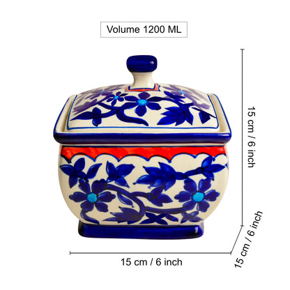 Hand Painted Ceramic Serving Donga with Lid (1200 ml, Blue Mughal Painting)