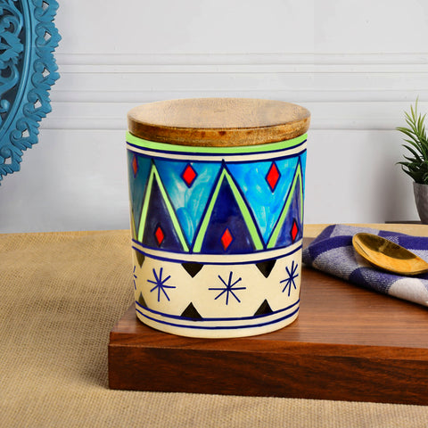 Handpainted Multi Utility Storage Ceramic Airtight Jar with Sheesham Wooden Lid