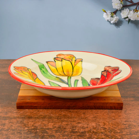 Handpainted Premium Ceramic Floral Deep Pasta Plate (Diameter – 9.5 icnhes , Multicolor & Off White)