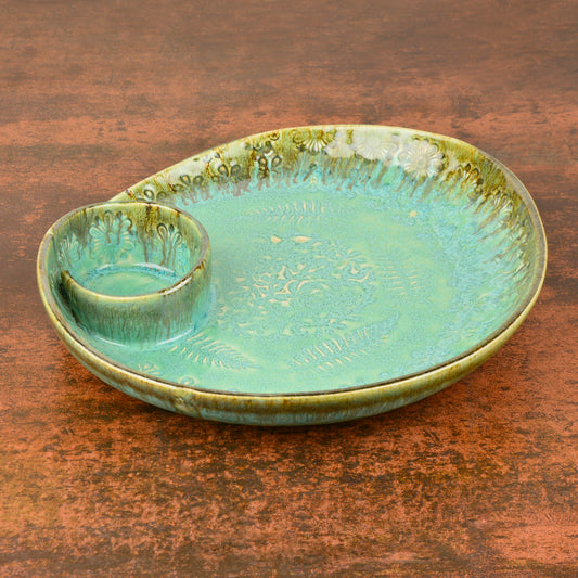 Luxurious Hand Embossed Ceramic Chip and Dip Platter with Fixed Dip Bowl ( Turquoise Green , 11 inches , 1300 gm)
