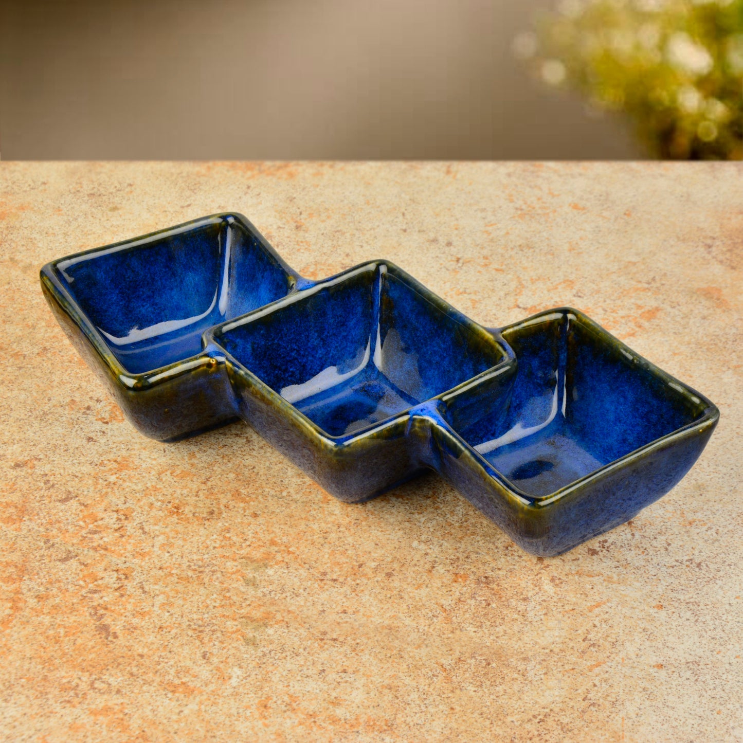 Studio Pottery Three Section Ceramic Serving Bowl (Blue, Length – 30 cm, Height – 5.5 cm, 500 ml)