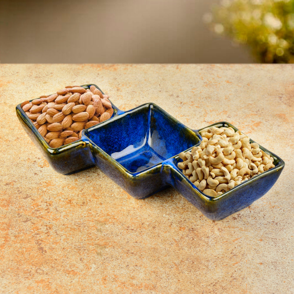 Studio Pottery Three Section Ceramic Serving Bowl (Blue, Length – 30 cm, Height – 5.5 cm, 500 ml)