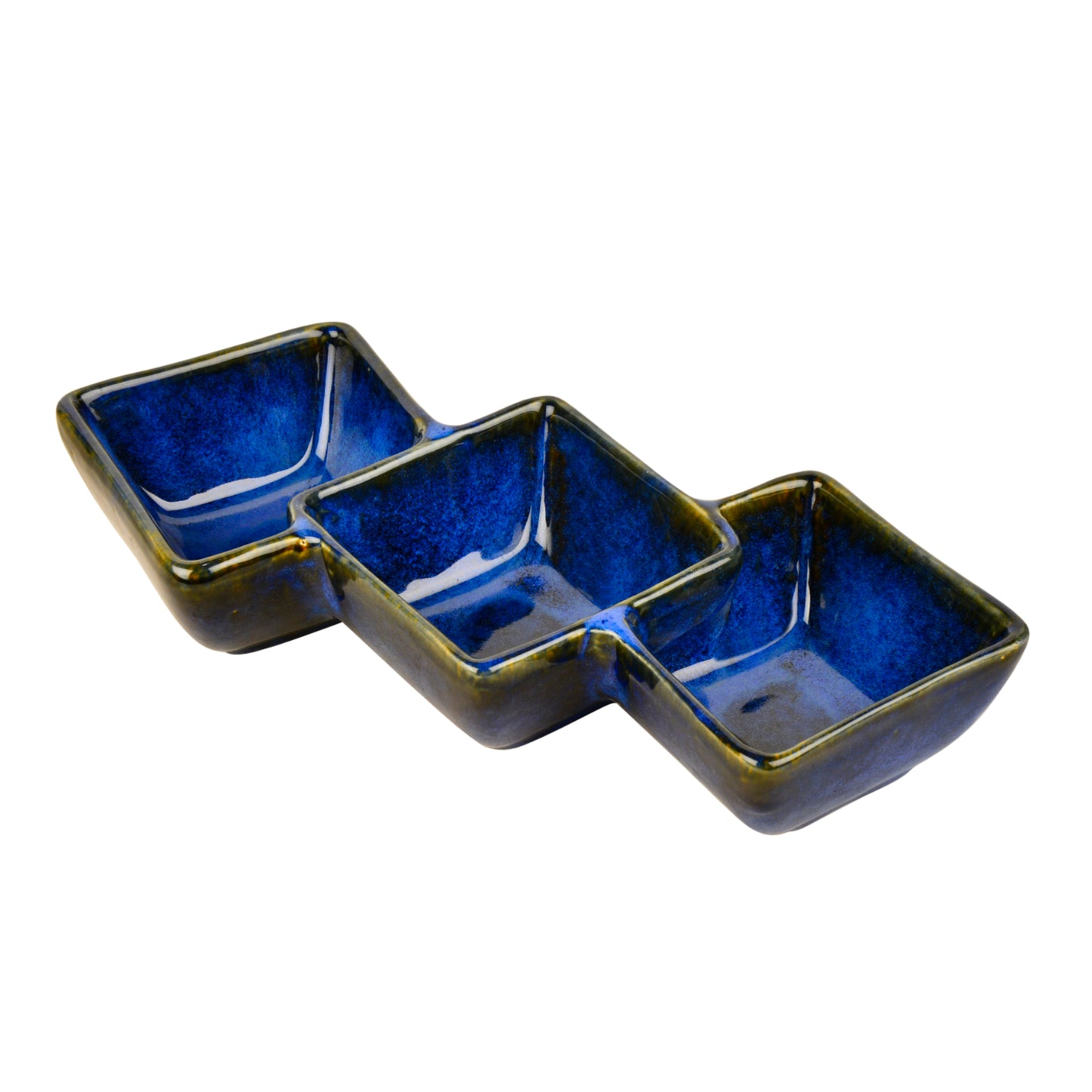 Studio Pottery Three Section Ceramic Serving Bowl (Blue, Length – 30 cm, Height – 5.5 cm, 500 ml)