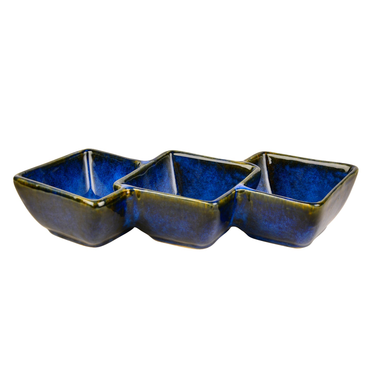 Studio Pottery Three Section Ceramic Serving Bowl (Blue, Length – 30 cm, Height – 5.5 cm, 500 ml)