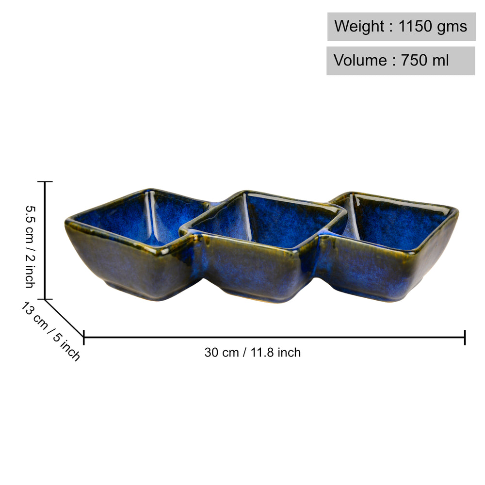 Studio Pottery Three Section Ceramic Serving Bowl (Blue, Length – 30 cm, Height – 5.5 cm, 500 ml)