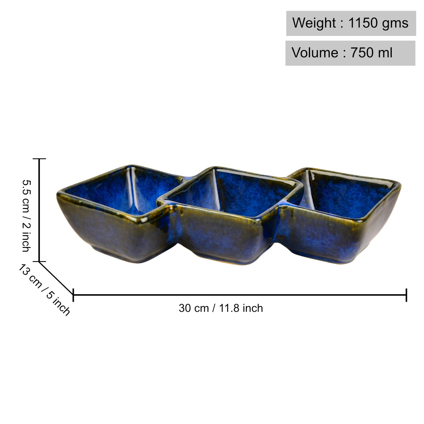 Studio Pottery Three Section Ceramic Serving Bowl (Blue, Length – 30 cm, Height – 5.5 cm, 500 ml)